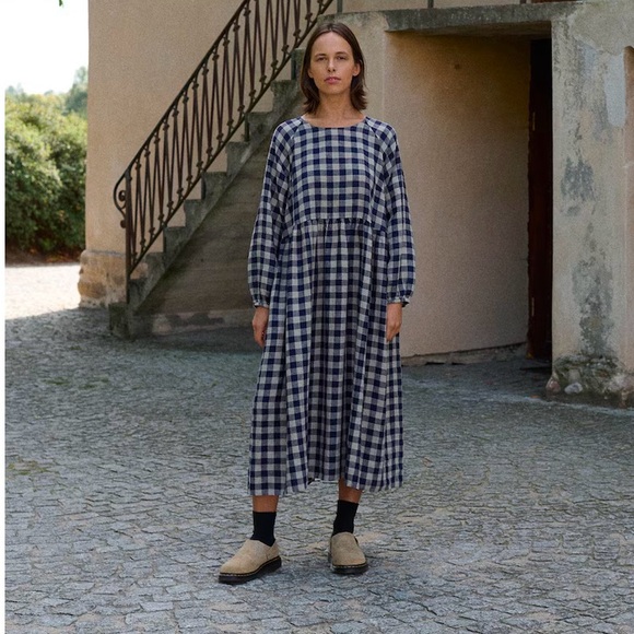 Linenfox Dresses & Skirts - Linenfox Navy Gingham Linen Margo Dress L-XL